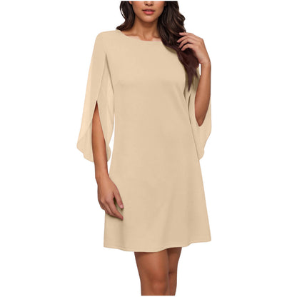 Womens Solid-Colored Crew-Neck Cloak-Sleeve Dress