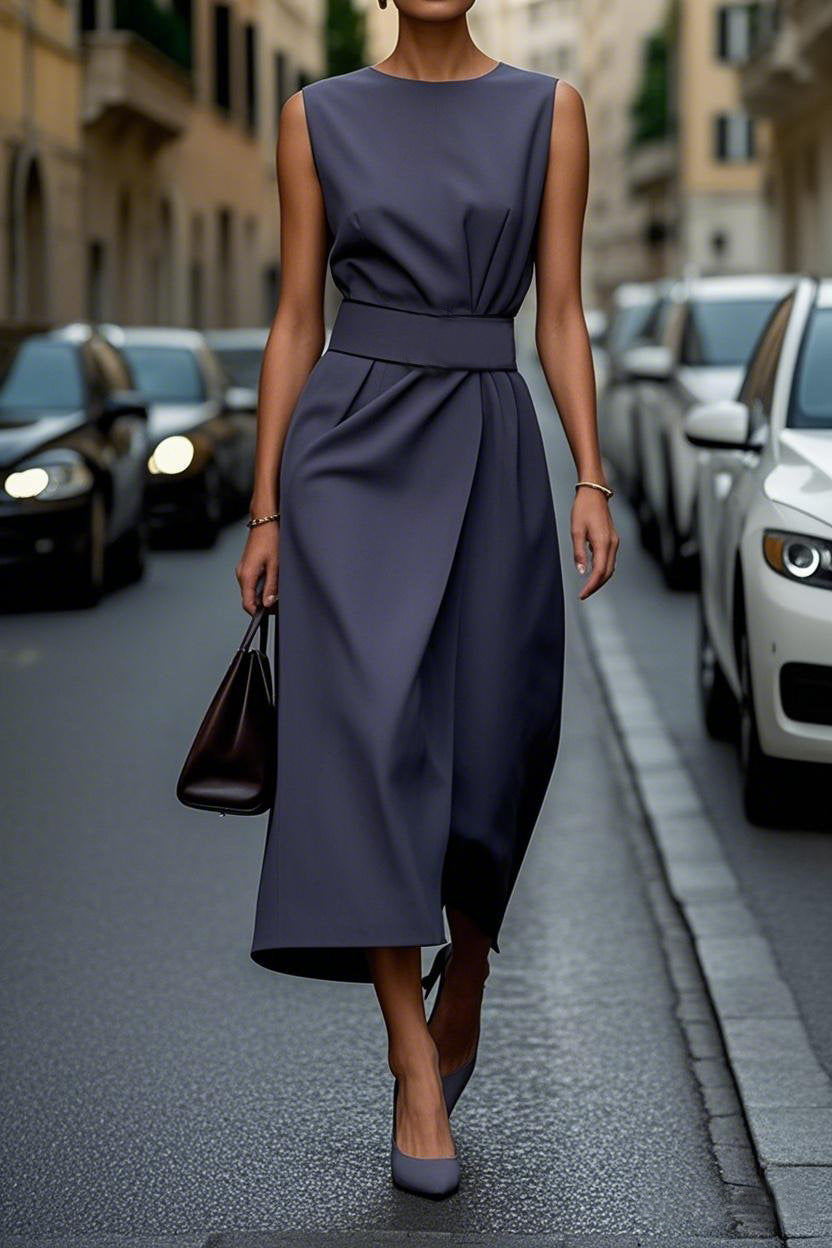 Sleeveless Belt Dress - Slim Back Zipper Women's Fashion