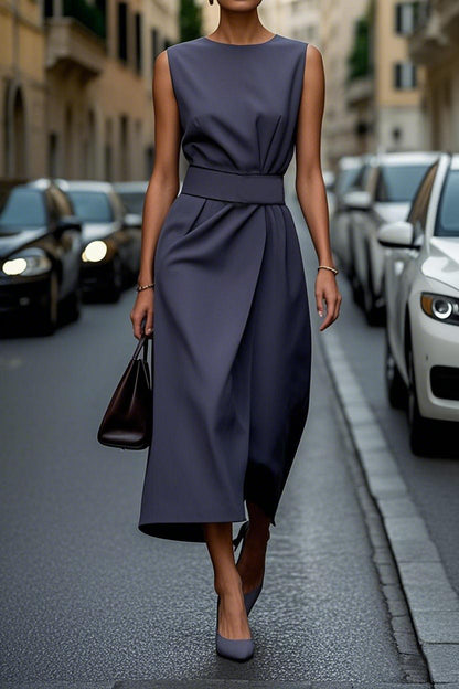 Sleeveless Belt Dress - Slim Back Zipper Women's Fashion
