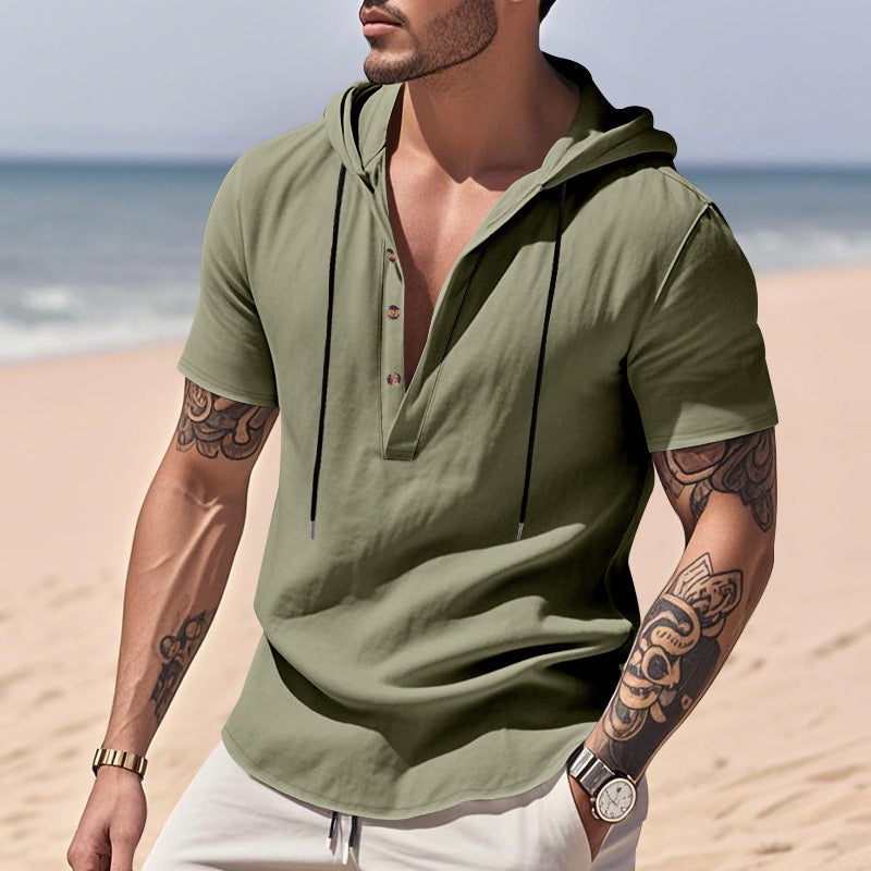 Qısa Qollu Gündəlik Nəfəs Alan Kətan Hudi Henley Köynək Kişi Köynəyi Nəfəs Alan Rahat Yaz Yay Dəbi Əsas Rəng Küçə Geyimi
