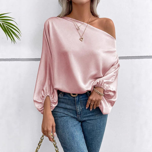 Women's Off-Shoulder Satin Blouse - Elegant Solid Color Top