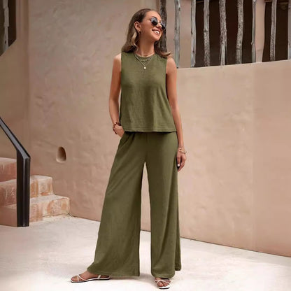 Solid Color Casual Loose Pants Set - Women's Two Piece Suit