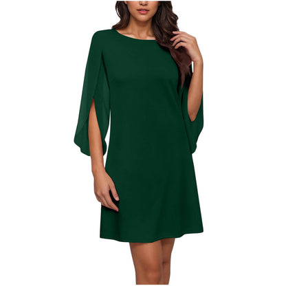Womens Solid-Colored Crew-Neck Cloak-Sleeve Dress