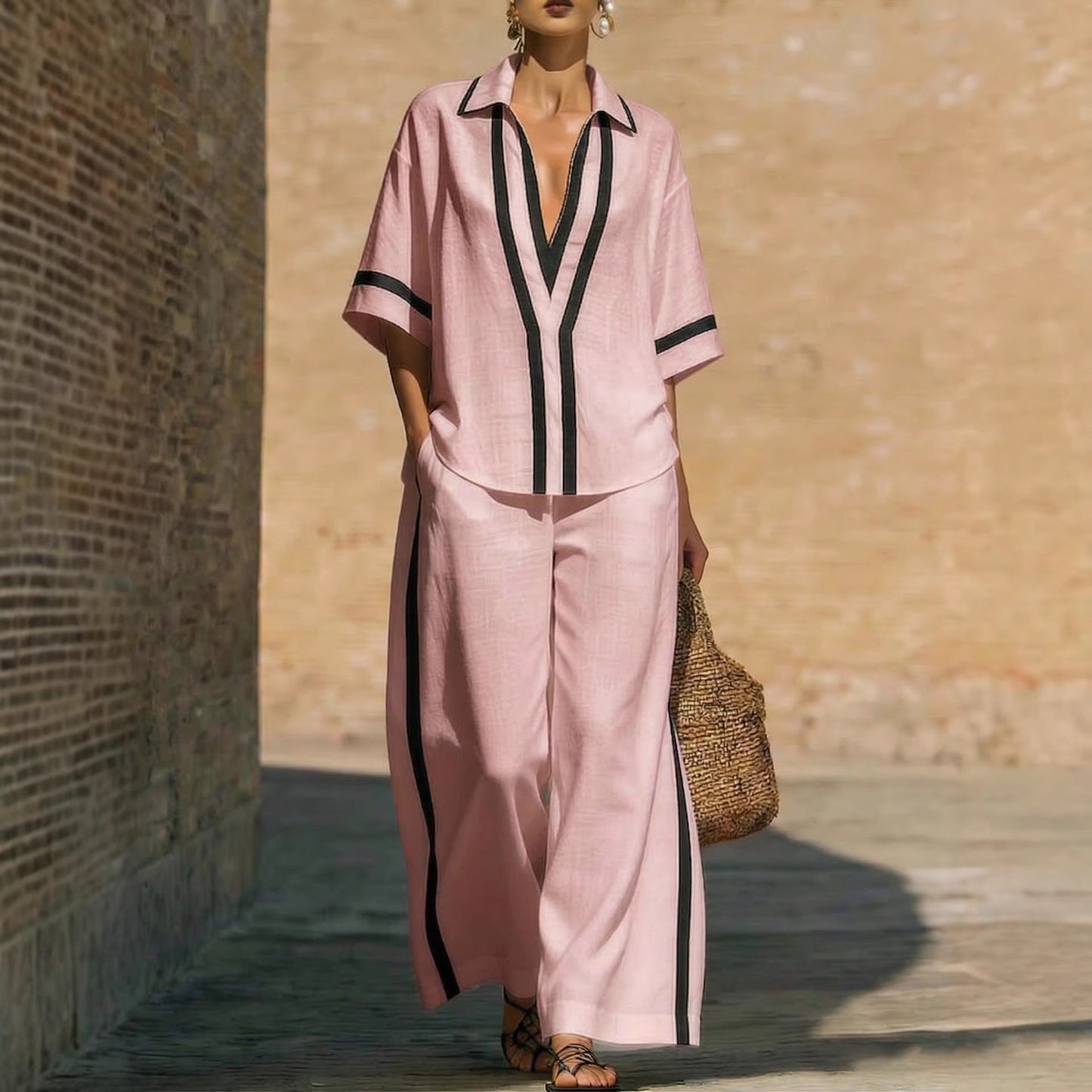Women's Color Block Two-Piece Set - Top & Wide Leg Pants