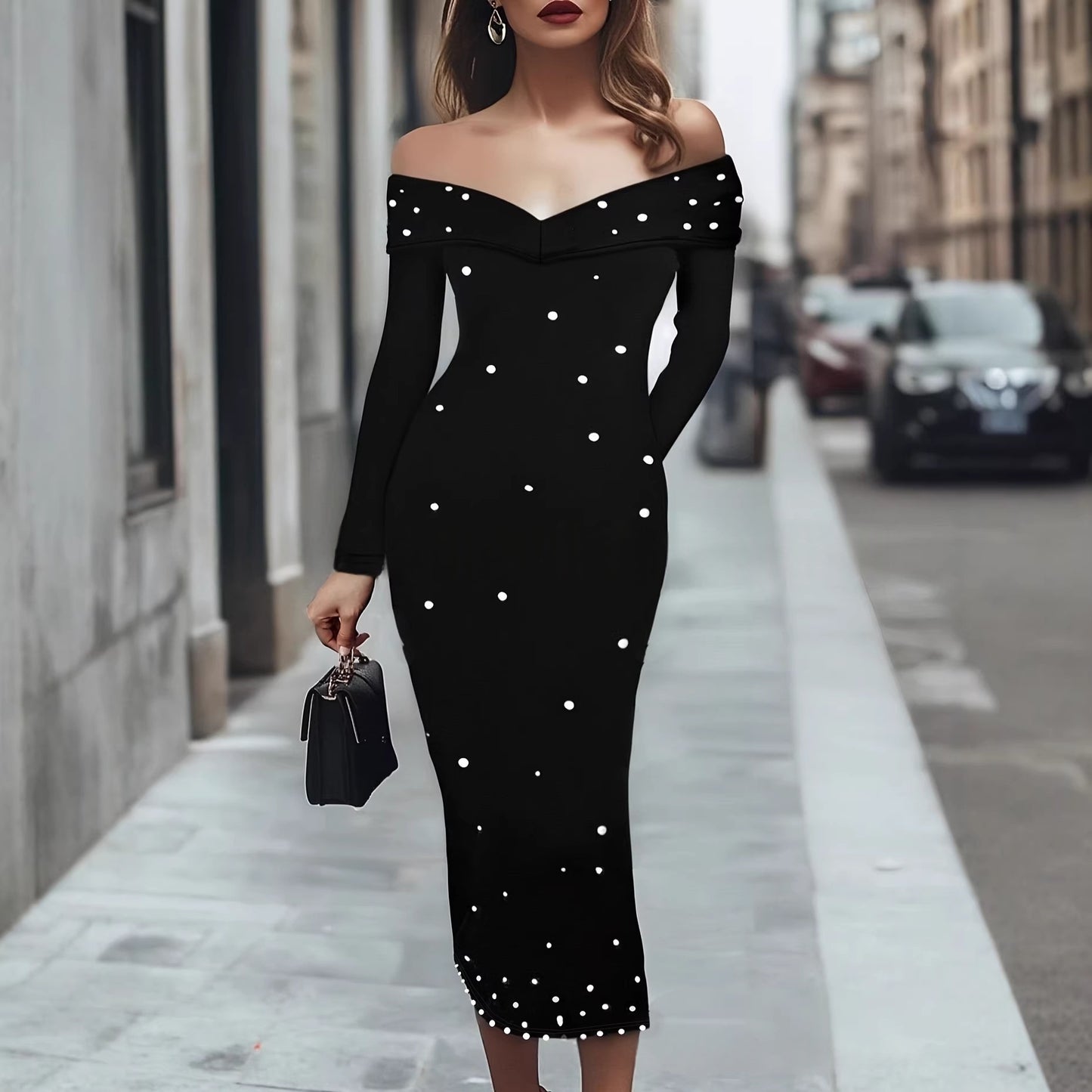 Women's Off-Shoulder Beaded Sheath Dress - Long Sleeve Solid Color