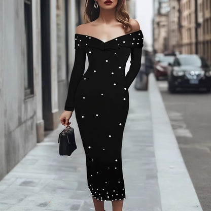 Women's Off-Shoulder Beaded Sheath Dress - Long Sleeve Solid Color