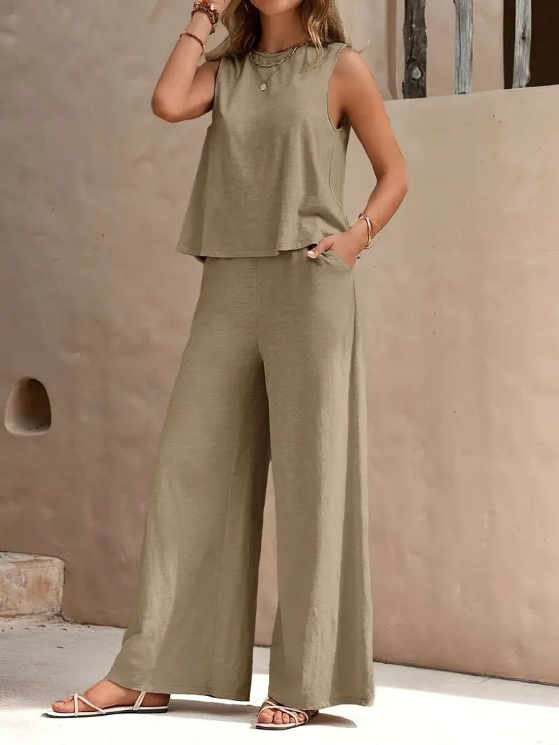 Solid Color Casual Loose Pants Set - Women's Two Piece Suit