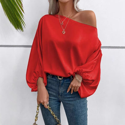 Women's Off-Shoulder Satin Blouse - Elegant Solid Color Top
