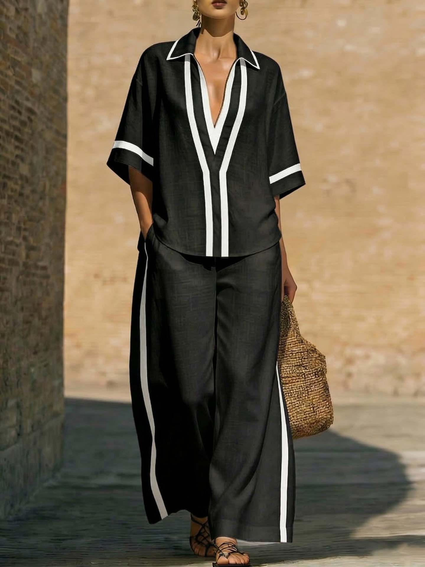 Women's Color Block Two-Piece Set - Top & Wide Leg Pants