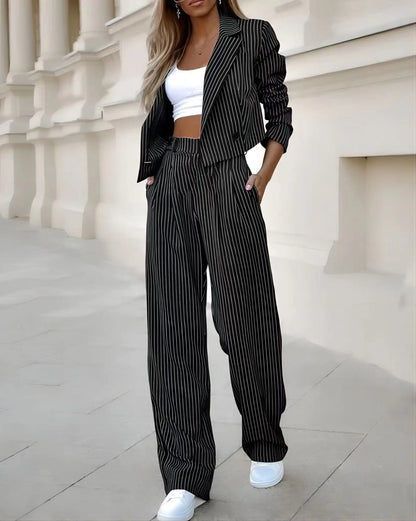 Women's Striped Suit - Cropped Top & Straight Pants Set