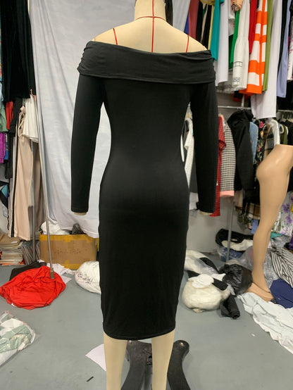 Women's Off-Shoulder Beaded Sheath Dress - Long Sleeve Solid Color