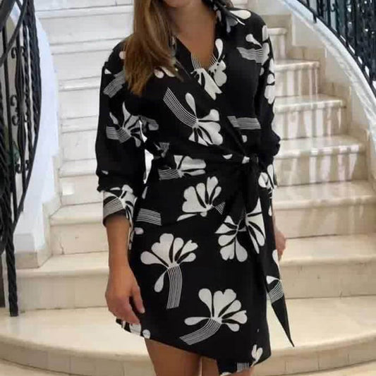 Stylish Flower Print Women's Mini Dress - V-Neck Puff Sleeve Ruffle