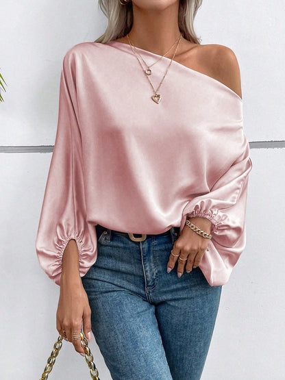 Women's Off-Shoulder Satin Blouse - Elegant Solid Color Top