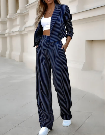 Women's Striped Suit - Cropped Top & Straight Pants Set