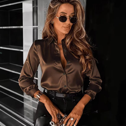 Commuter Drapey Satin Long-Sleeve Lapel Shirt For Women