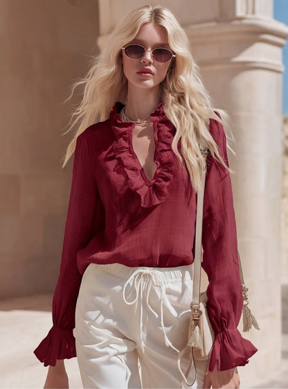 French Romantic Linen Ruffle-Trimmed V-Neck Shirt