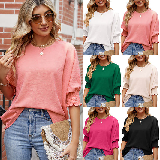 Women's Loose T-Shirt - Elastic Sleeve Solid Color Casual Top