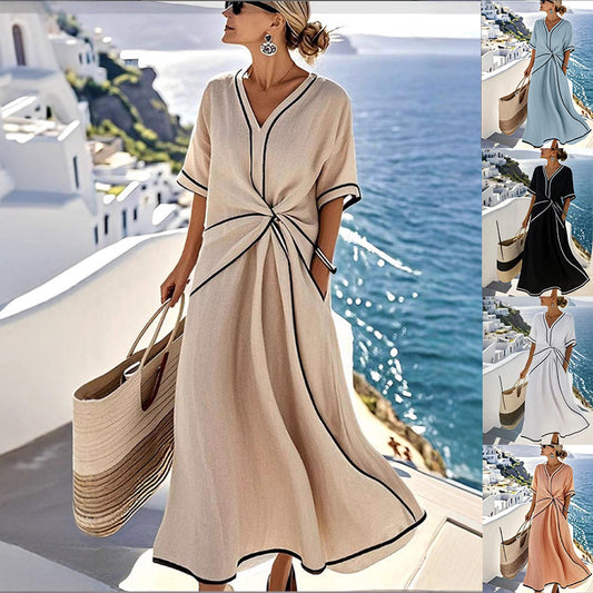 Women's Striped Maxi Dress - Short Sleeve Beach Vacation