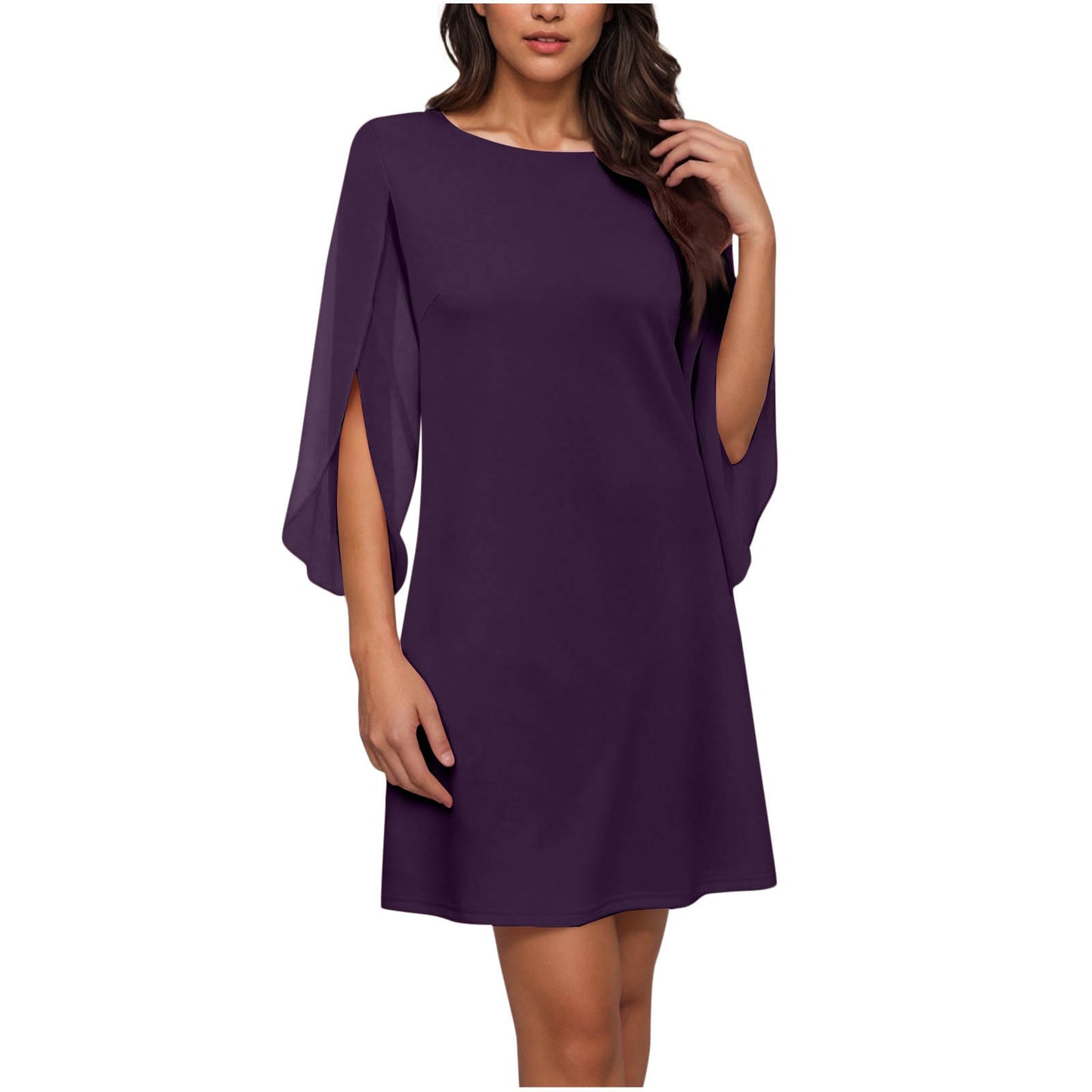 Womens Solid-Colored Crew-Neck Cloak-Sleeve Dress