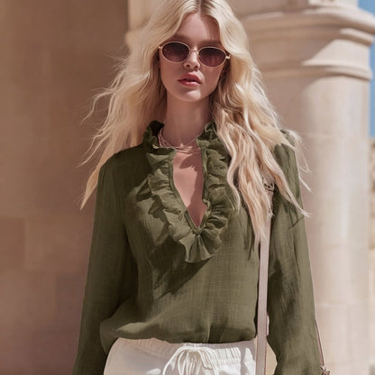French Romantic Linen Ruffle-Trimmed V-Neck Shirt