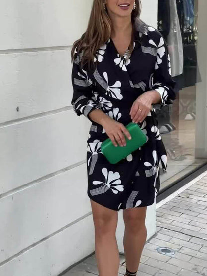 Stylish Flower Print Women's Mini Dress - V-Neck Puff Sleeve Ruffle