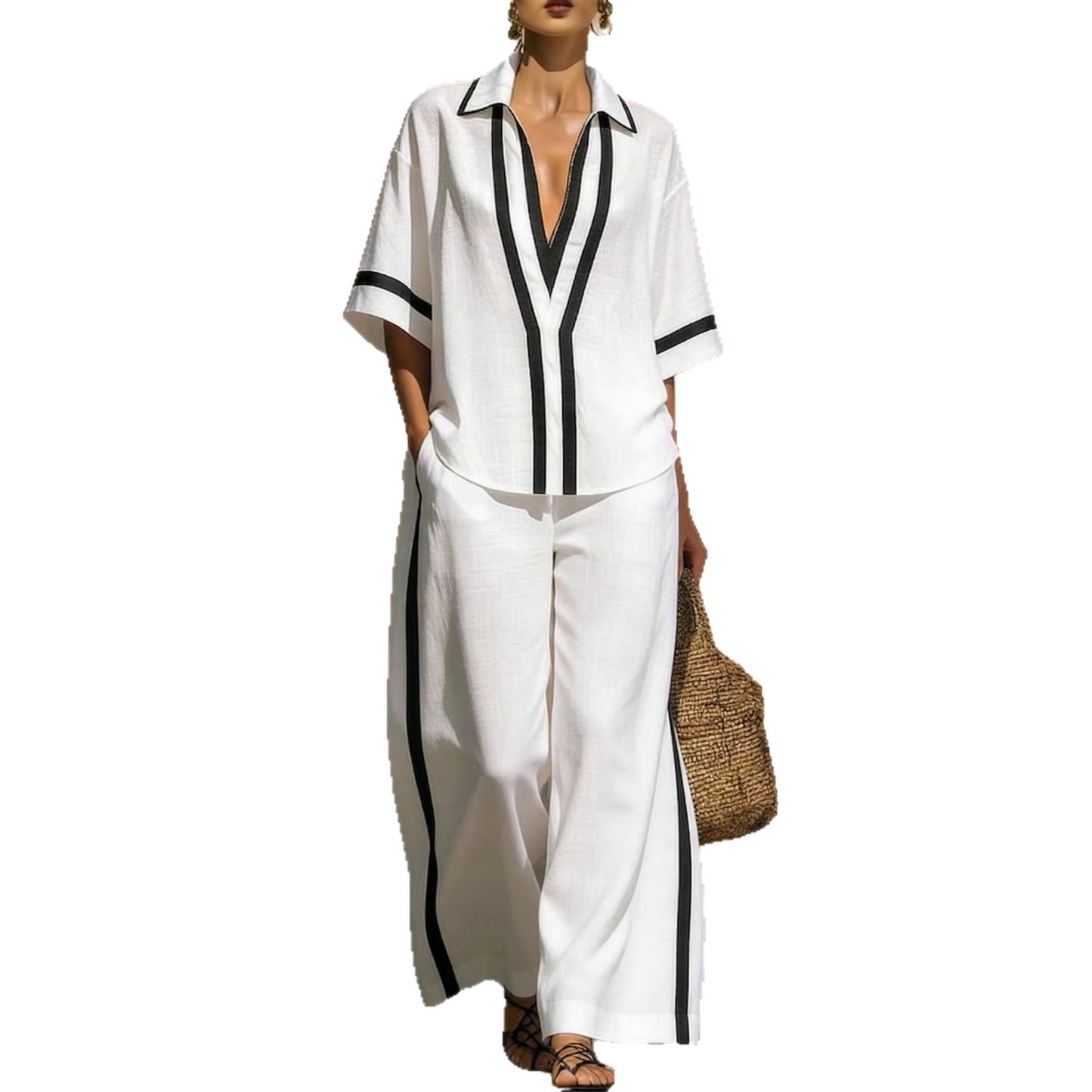 Women's Color Block Two-Piece Set - Top & Wide Leg Pants