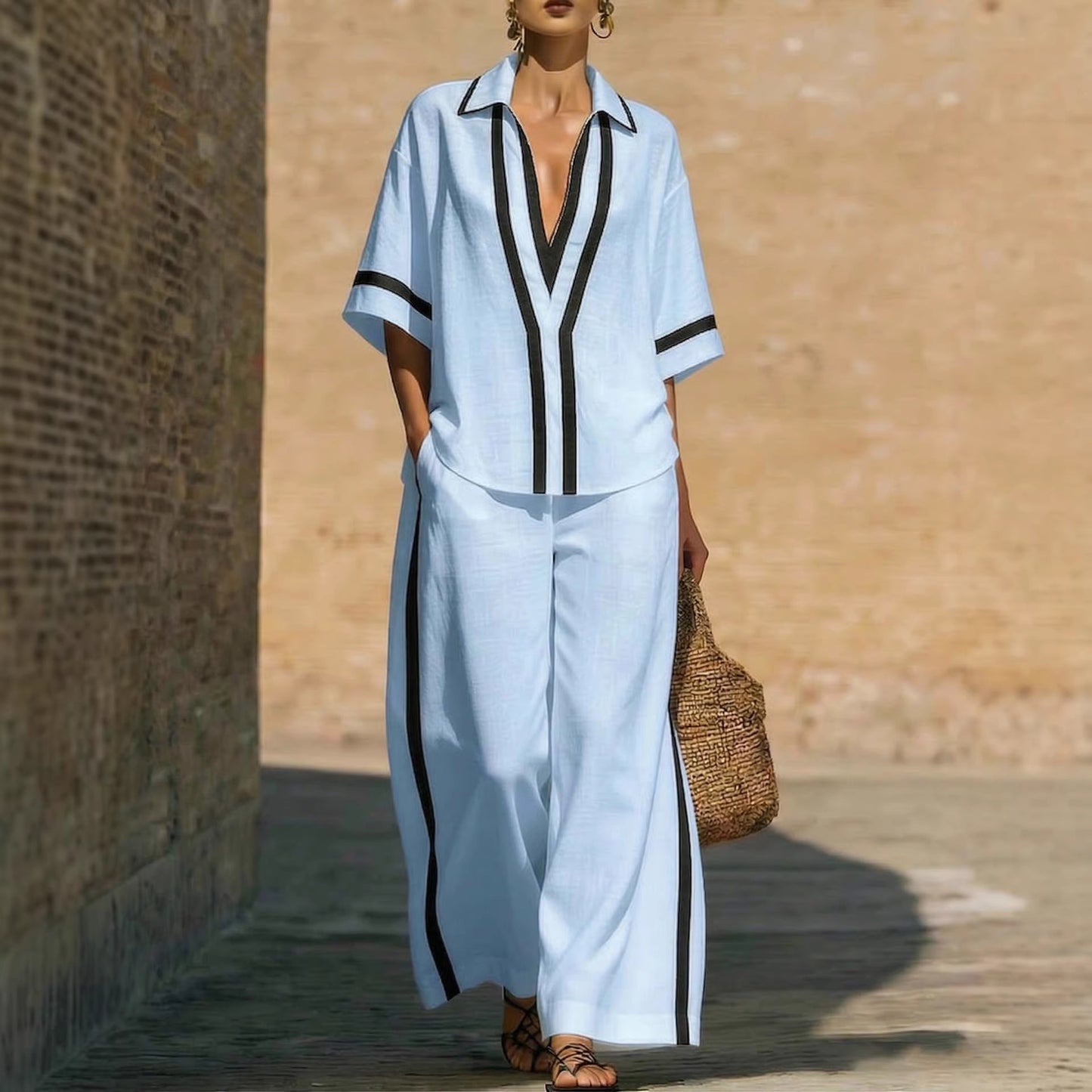 Women's Color Block Two-Piece Set - Top & Wide Leg Pants