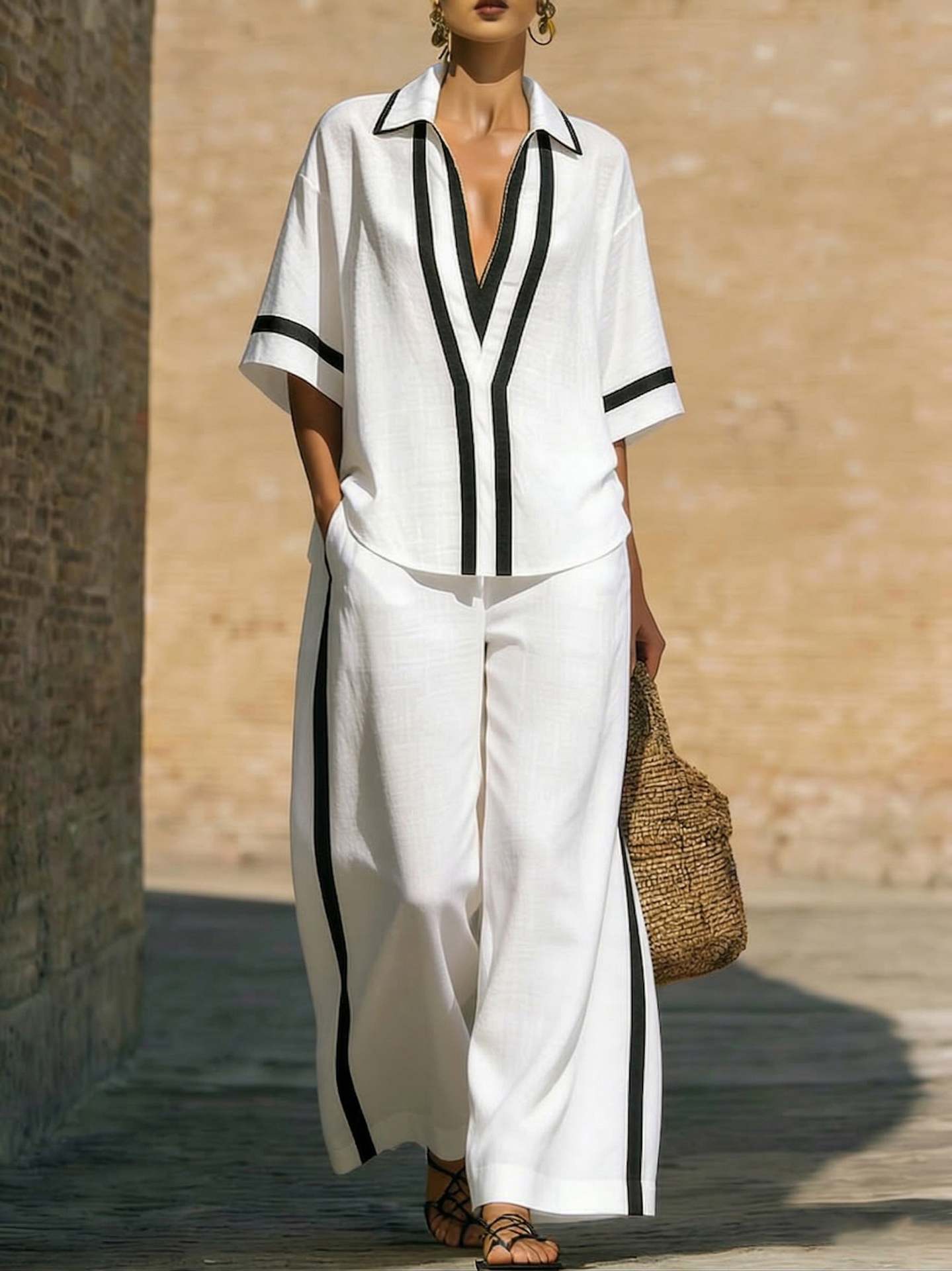 Women's Color Block Two-Piece Set - Top & Wide Leg Pants