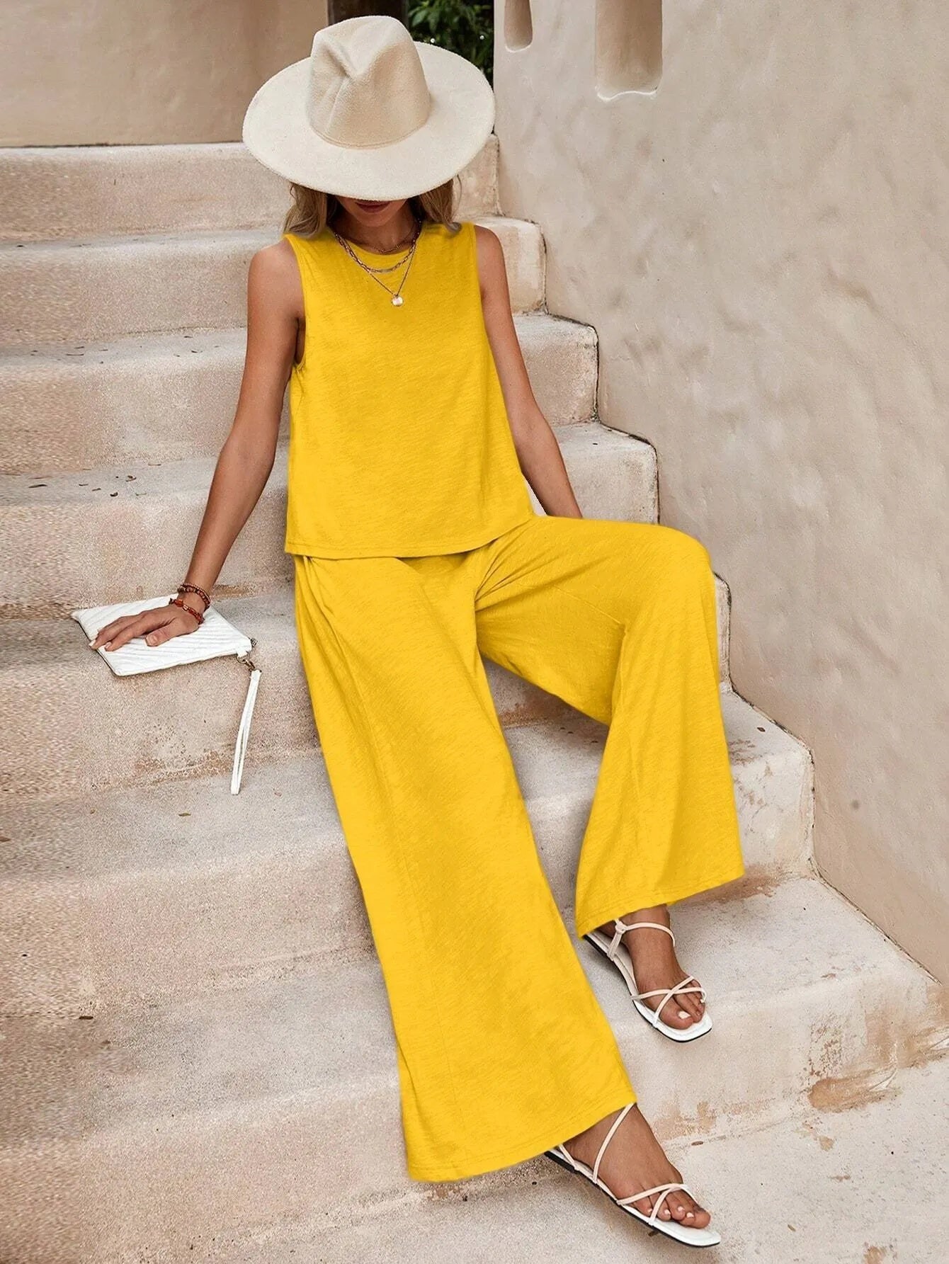 Solid Color Casual Loose Pants Set - Women's Two Piece Suit
