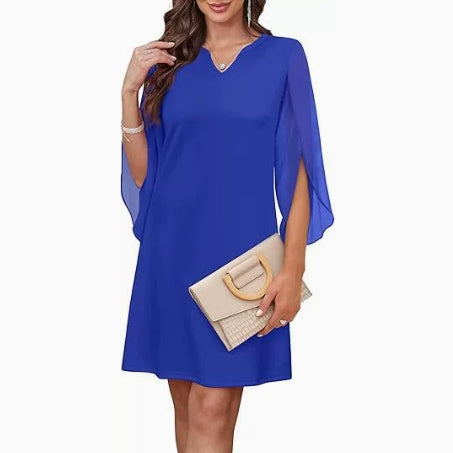 Womens Solid-Colored Crew-Neck Cloak-Sleeve Dress