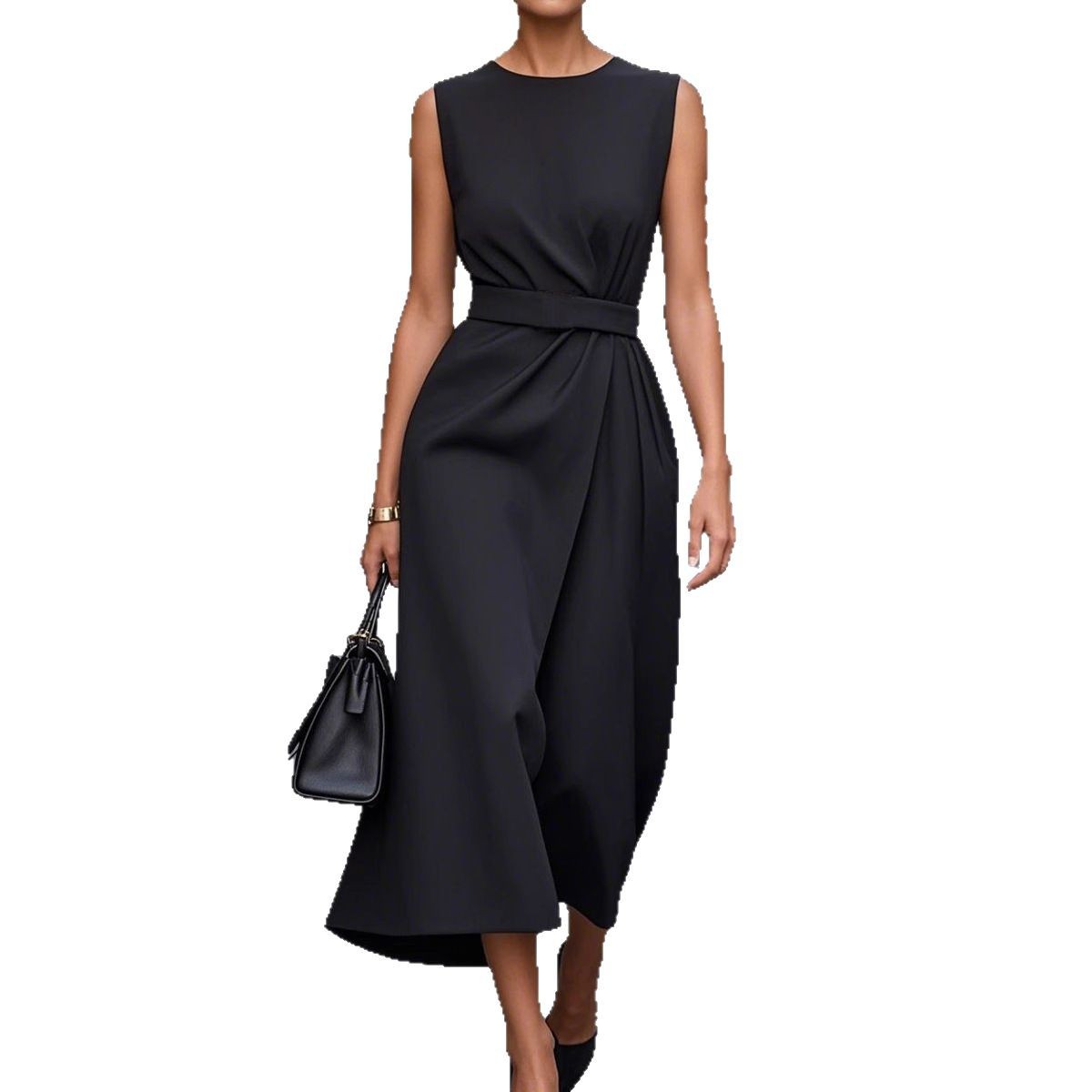 Sleeveless Belt Dress - Slim Back Zipper Women's Fashion