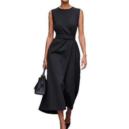 Sleeveless Belt Dress - Slim Back Zipper Women's Fashion
