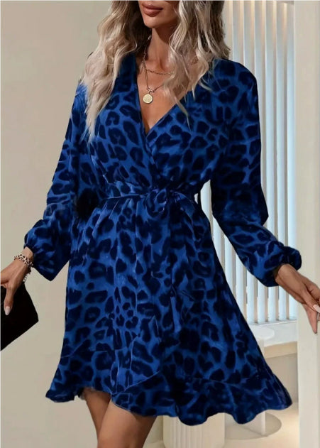 Women's Leopard Print Midi Dress - V-Neck Long Sleeve Belt