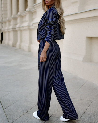Women's Striped Suit - Cropped Top & Straight Pants Set