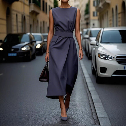 Sleeveless Belt Dress - Slim Back Zipper Women's Fashion