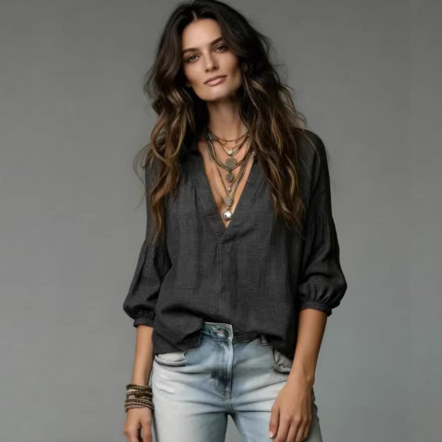 Women's Loose Casual V-Neck Three-Quarter Sleeve Shirt