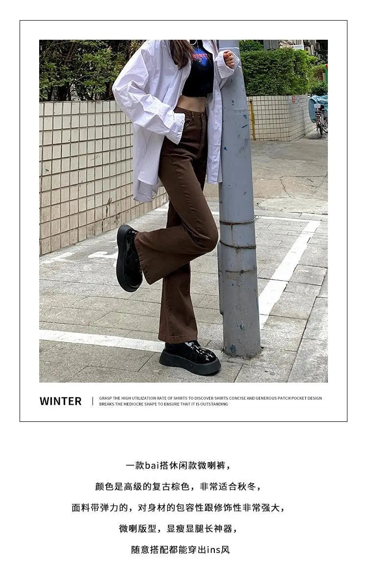 Jeans Women Denim Brown Fashion Boot Cut Spring Autumn High Waist