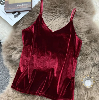 Women Velour Tank Crop Top - Korean Streetwear Camisole