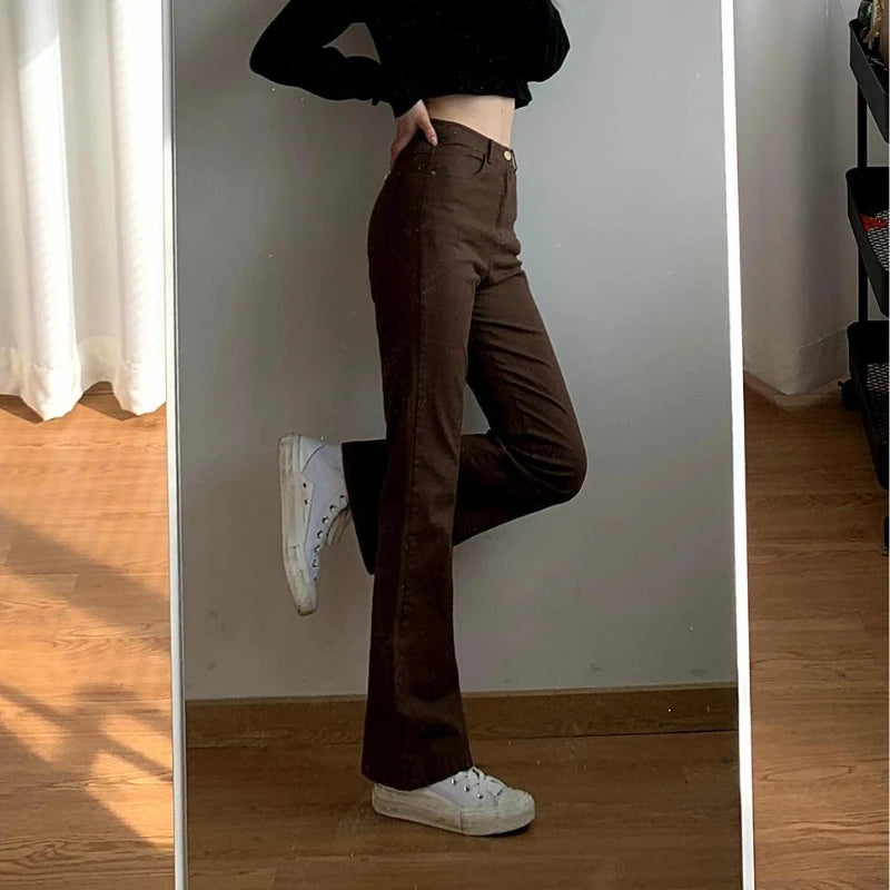 Jeans Women Denim Brown Fashion Boot Cut Spring Autumn High Waist