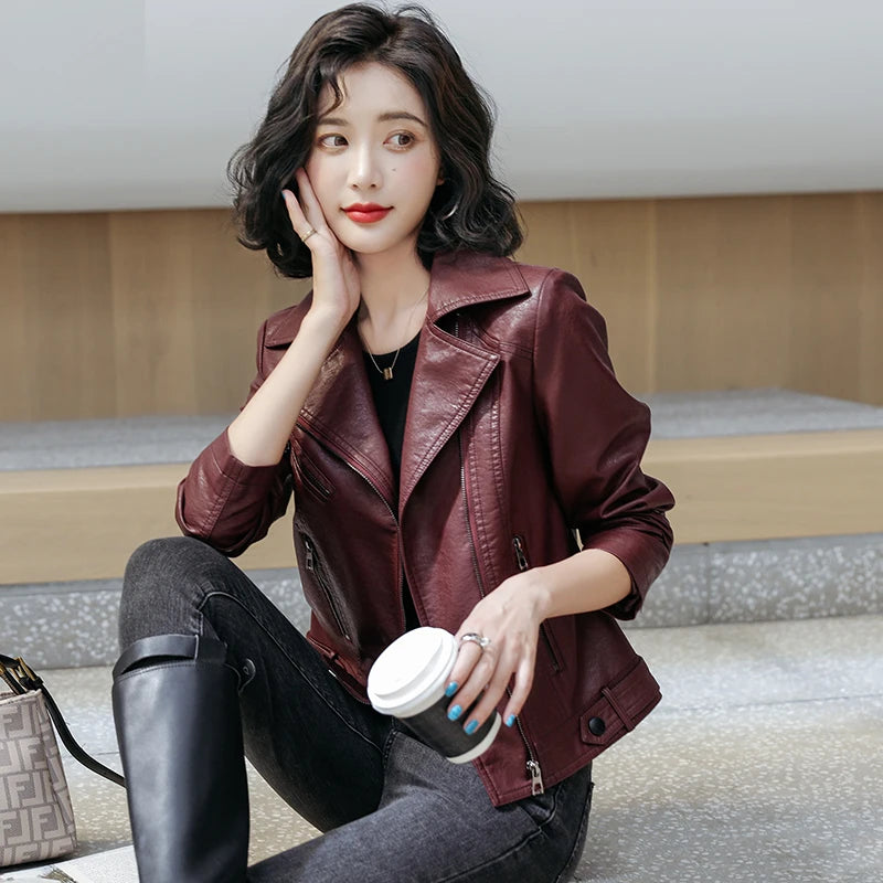 Women's Classic Slim Leather Jacket - Suit Collar Biker Coat
