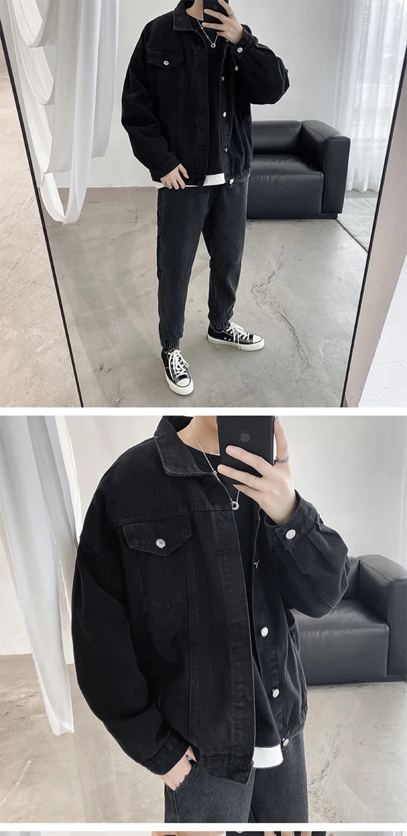 Qara Denim Qısa Pencək Kişilər üçün - Bomber Streetwear