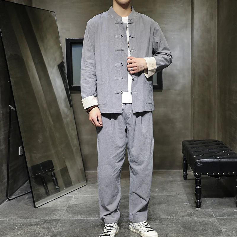 Men's Chinese Style Cotton Linen Suit Set Plus XXXXXL