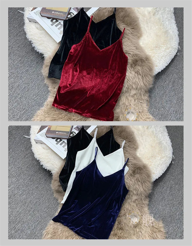 Women Velour Tank Crop Top - Korean Streetwear Camisole