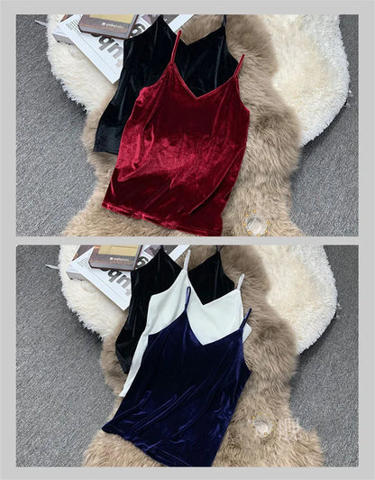Women Velour Tank Crop Top - Korean Streetwear Camisole