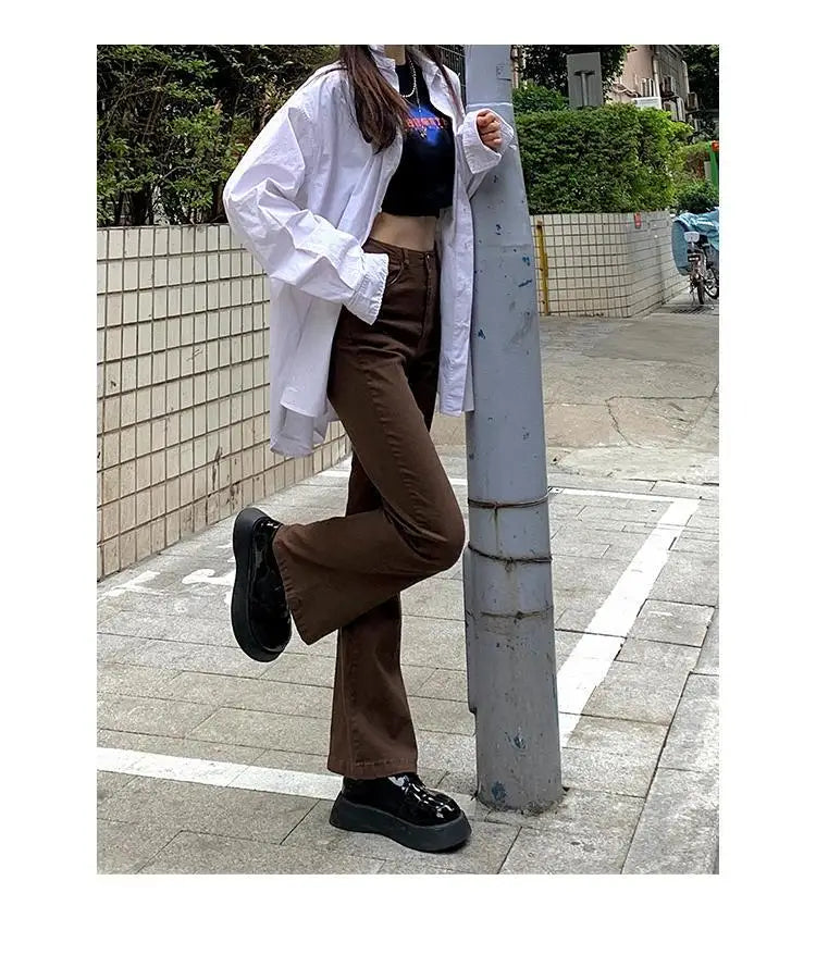 High-Waist Bootcut Jeans - Brown & Black