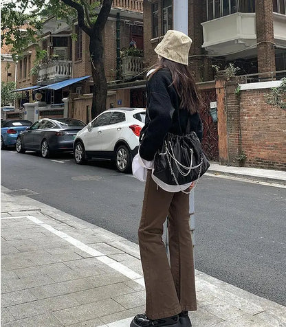 Jeans Women Denim Brown Fashion Boot Cut Spring Autumn High Waist