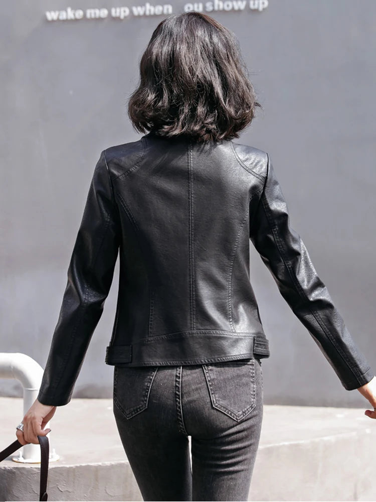 Women's Classic Slim Leather Jacket - Suit Collar Biker Coat