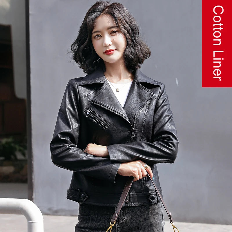 Women's Classic Slim Leather Jacket - Suit Collar Biker Coat