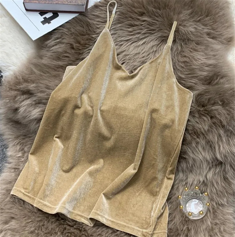 Women Velour Tank Crop Top - Korean Streetwear Camisole