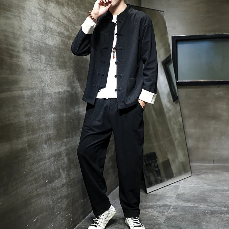 Men's Chinese Style Cotton Linen Suit Set Plus XXXXXL